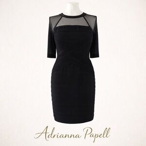 Adrianna Papell Black Mesh Illusion Ruched Sheath Cocktail Dress Size 8